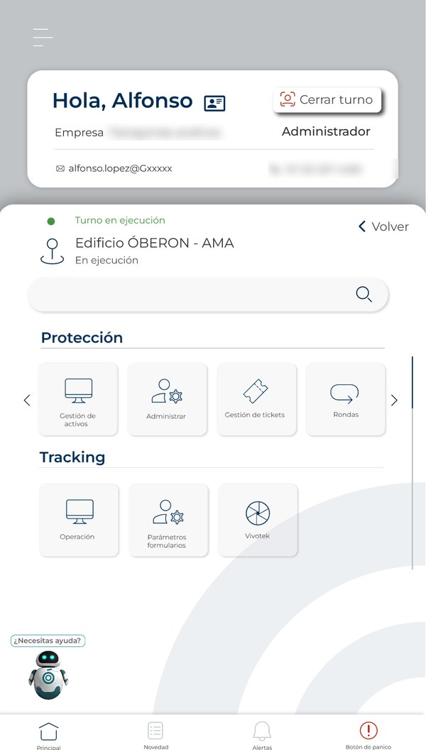 Oberon 360 app: the active shift, with protection and tracking tools